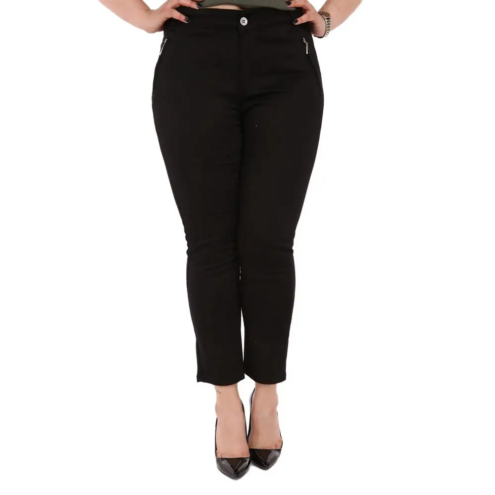 Fierte Women Plus Size Pants Rg1390Yp Canvas High Waist Tight Trotting Zipper Closure Button Elastic Spring Summer Slim Black