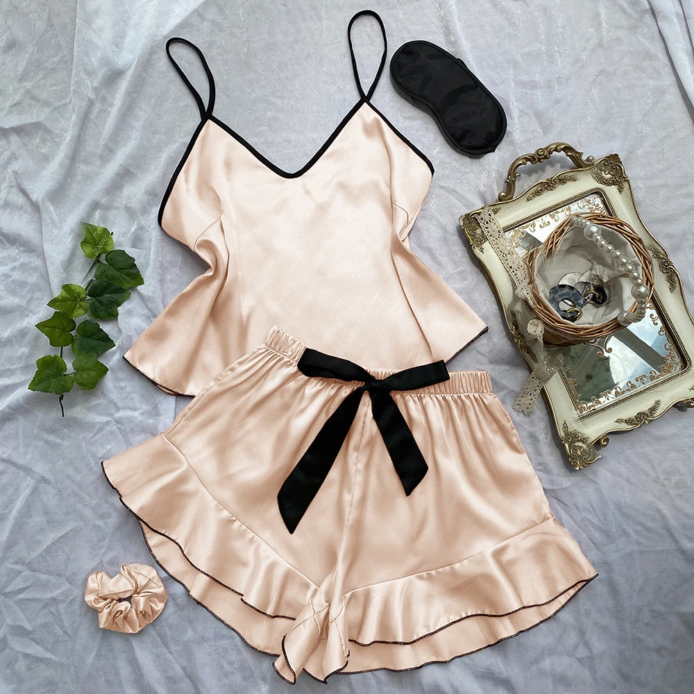 Sexy Pajama Suit V-Neck Suspender and Bownot Ruffle Shorts 2 Pieces Set Summer Satin Ice Silk Pajamas Home Clothes