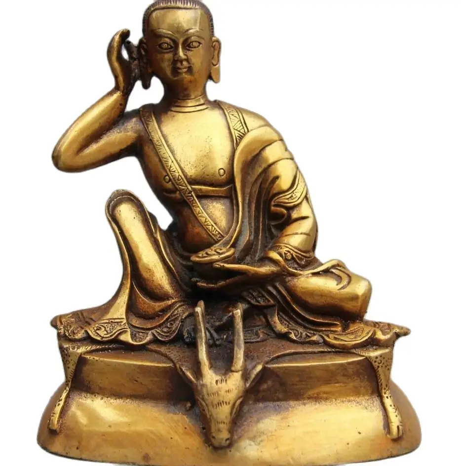 

15 CM China Buddhism Fane Brass Arhat Copper Spotted Deer Head Milarepa Buddha Statue