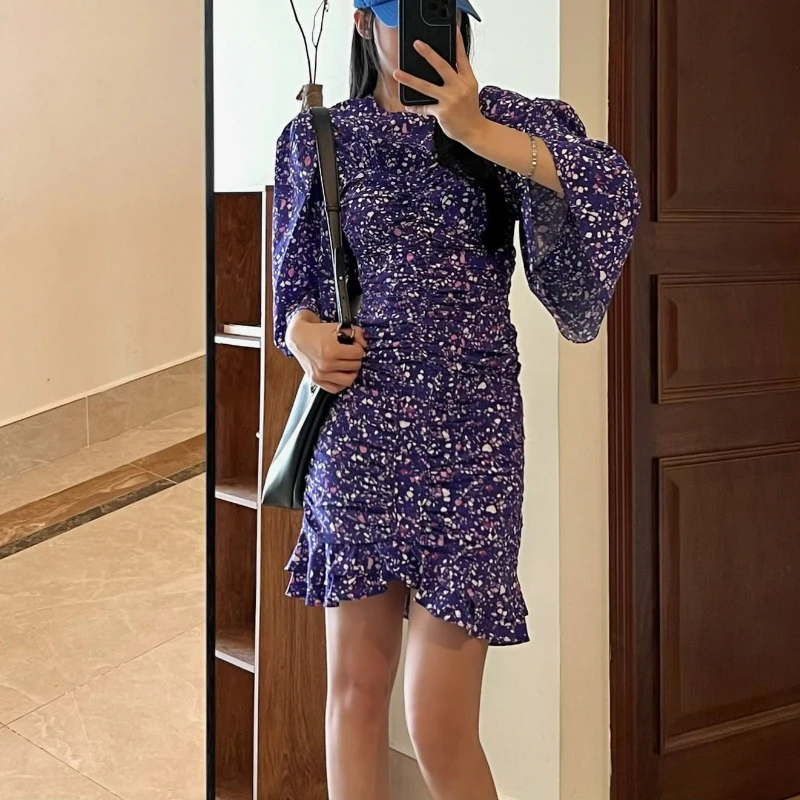 

2023 Summer New Printed Round Neck Silk Top/Pleat Hem Ruffle Skirt for Women