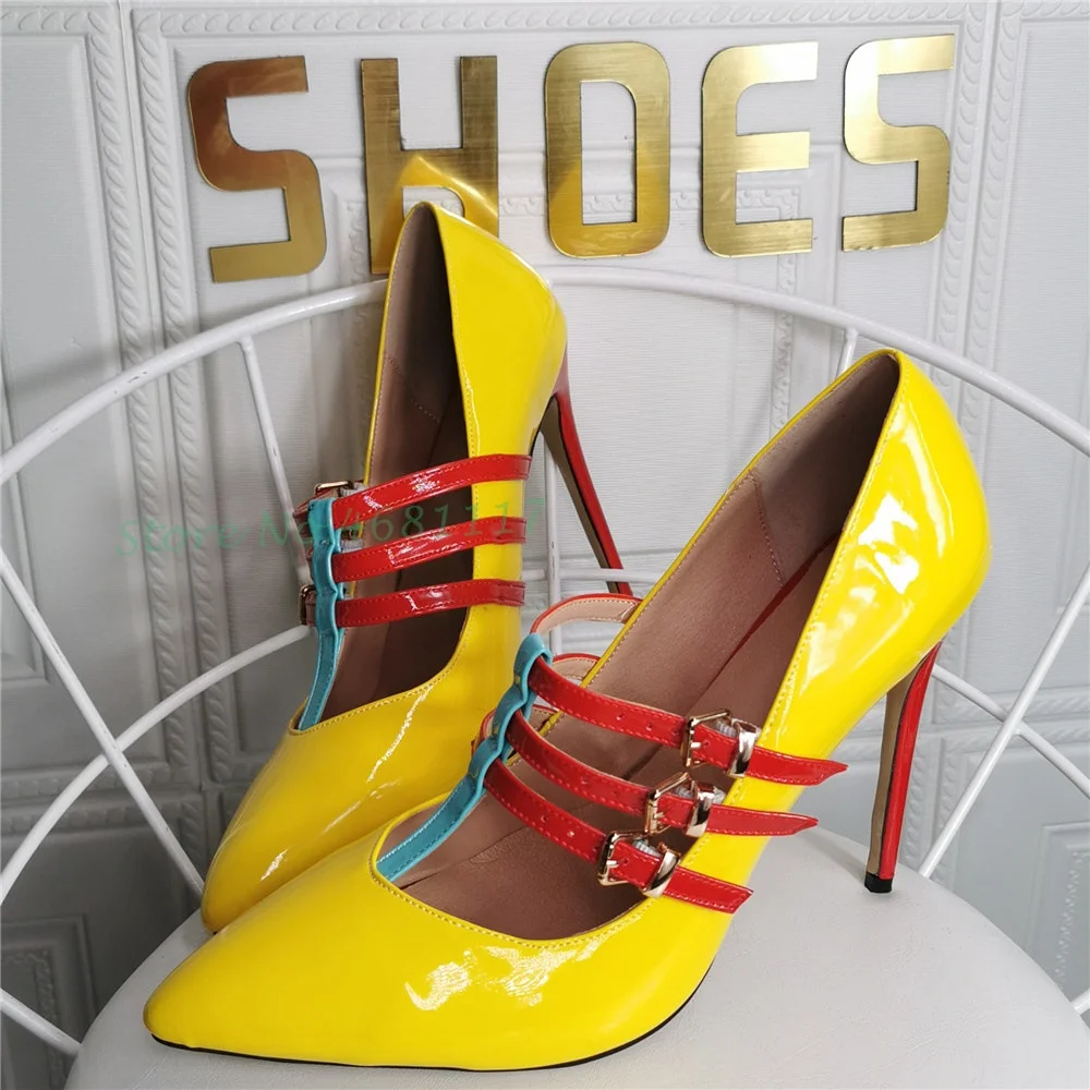 

Patent Color-Block Pumps Bukcle Straps Yellow Shoes Stiletto Heel High Heels Formal Dress Design For Women Sexy Pointy Toe Pumps