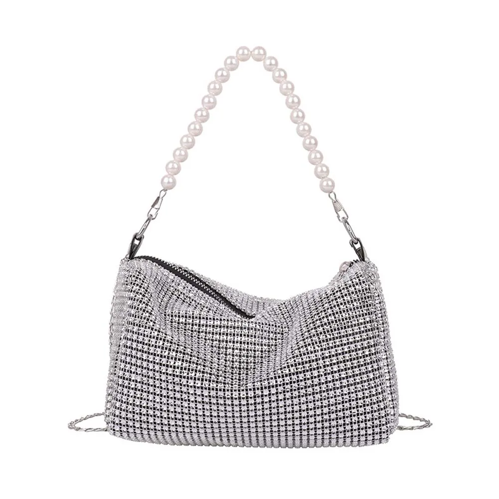 

Fashion Women Solid Rhinestone Handbag Pearl Chain Portable Shoulder Tote Bag