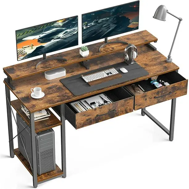 

Computer Desk with Drawers and Storage Shelves, 48 inch Home Office Desk with Monitor Stand, Work Study PC Desk for Small Spaces