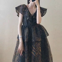 2022 new summer design french mid length black dress mid calf v neck summer casual polyester women