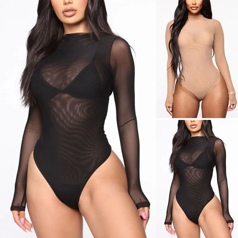 

Women's Sexy Long Sleeves Jumpsuits See Through Mesh Lace Lingerie Solid Color Transparent Women Turtleneck Bodysuit Nightwear