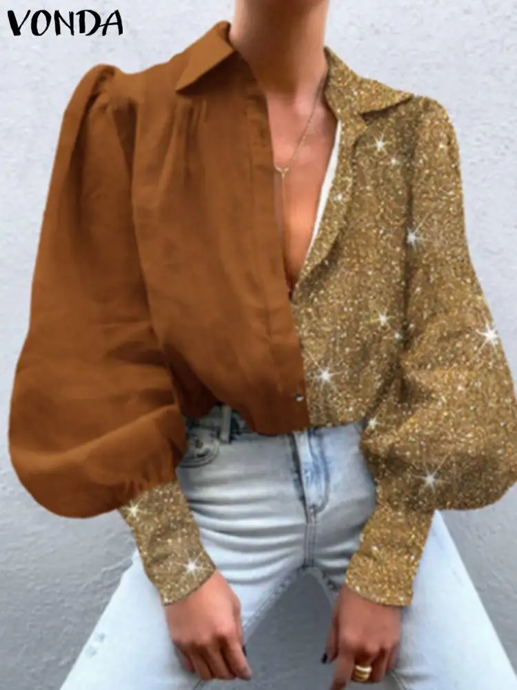 

2022 Элегантная Лоскутная Блузка VONDA, топы, женские элегантные рубашки с длинным рукавом, лацканами и пуговицами, богемные женские блузы