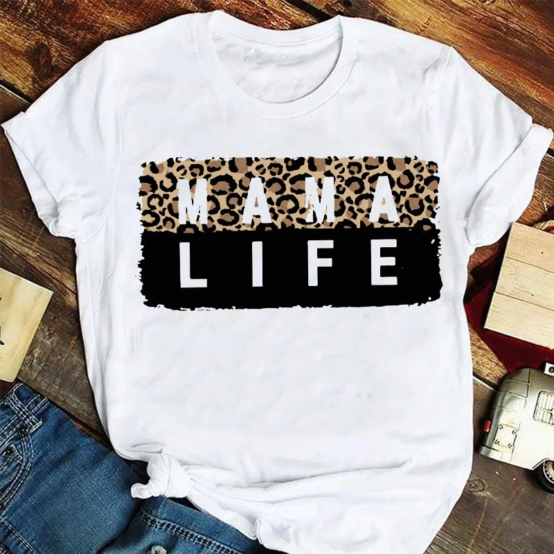 

T-shirts Women Cartoon Leopard Letter Trend Mama Mom Mother Fashion Clothes Graphic T Tshirt Top Lady Print Female Tee T-Shirt