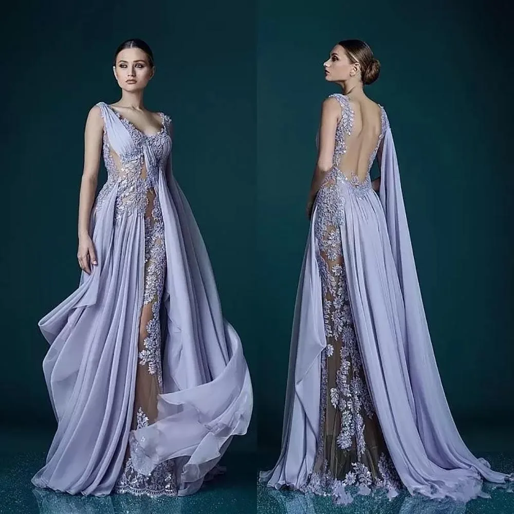 

Stunning Chiffon Long Prom Dress Deep V-neck Lavender Evening Dresses With Wrap Appliques Sheer Backless Celebrity Dress
