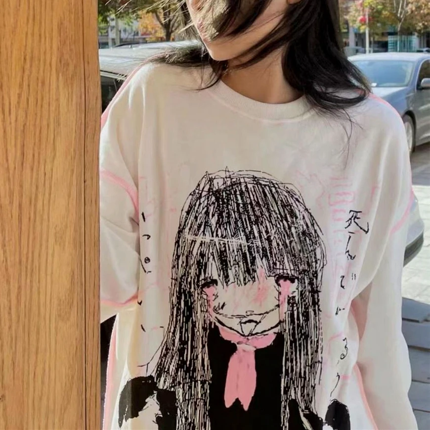 

Japanese Grunge Y2K Anime Graffiti Sweatshirt O-neck Loose Thicken Winter Pullover Harajuku Teenage Girls Kawaii Clothes Casual