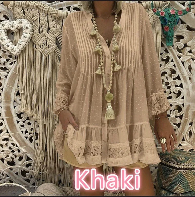 

Women lace patchwork swiss dot tunic tops Spring 2023 solid v-neck button up long sleeve oversized shirt 5xl white khaki yellow