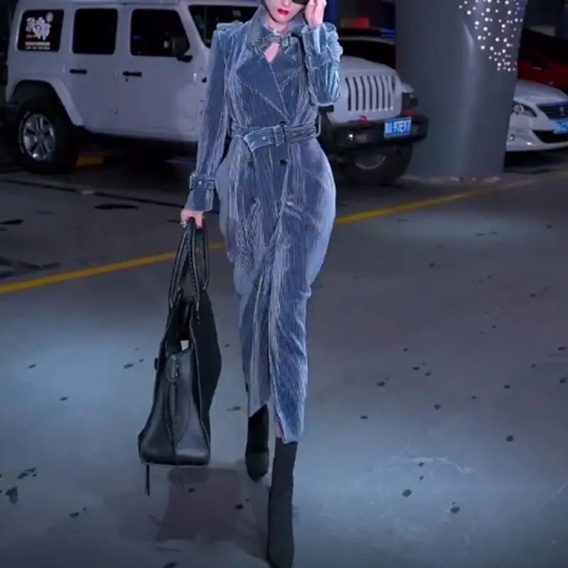 

Autumn Winter Vintage Velvet Double Breasted Trench Coat Women Workwear Overknee Long Lace-up Slim Windbreaker Abrigo De Mujer