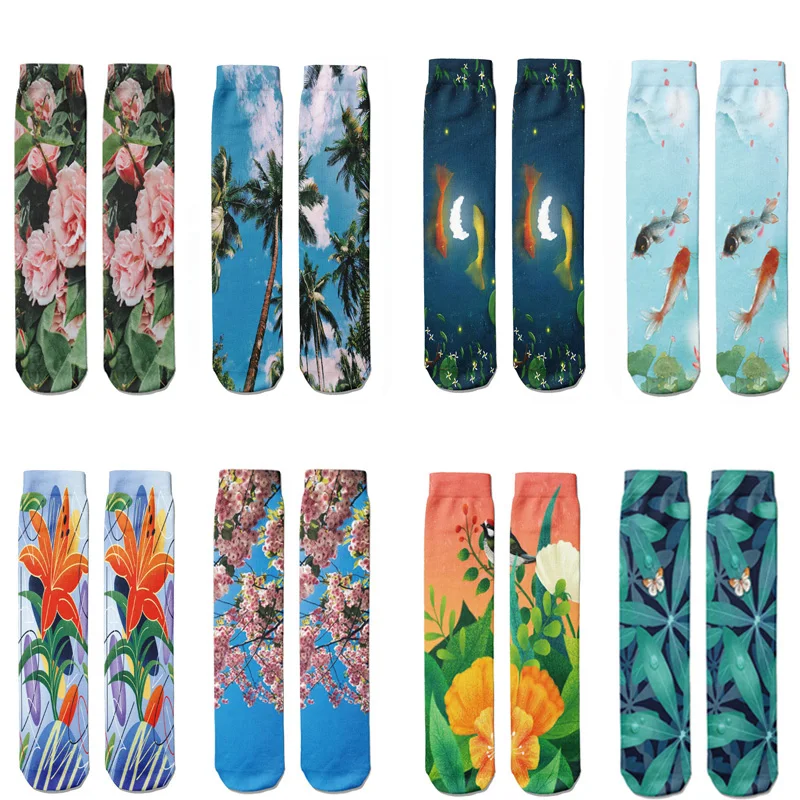 

Novelty Landscape Painting Adult Medium Tube Socks Fish Butterfly Bird Tree Flower Breathable Street Comfort Socks For Women