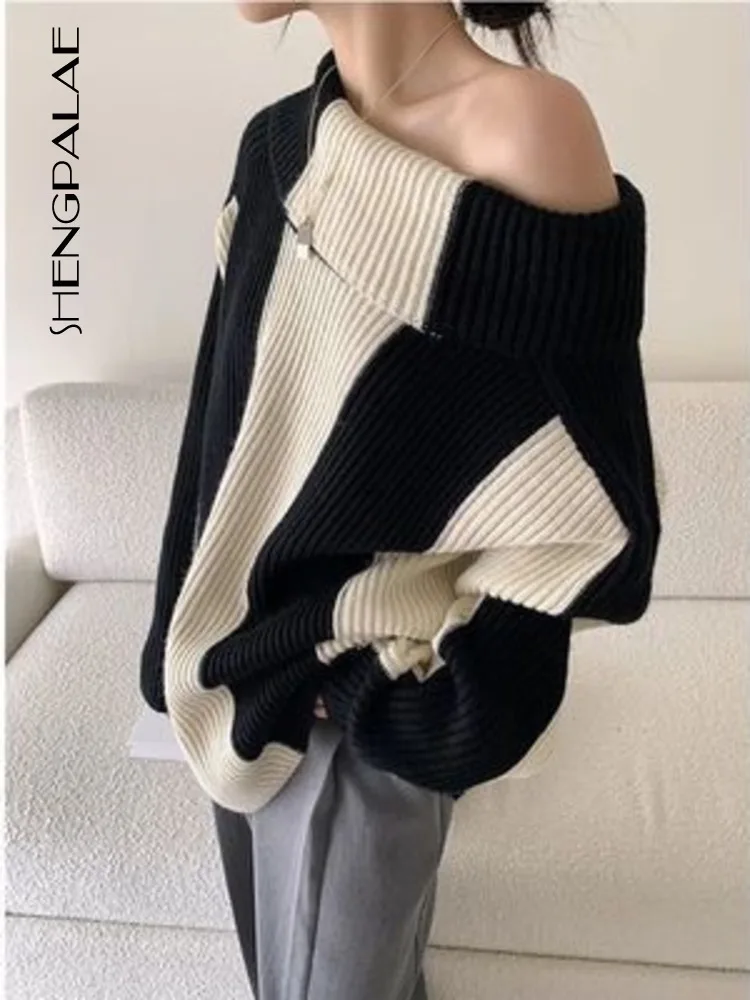 

SHENGPALAE 2023 new spring slash collar full sleeves striped contrast colors sweater female pullover loose top WZ19701