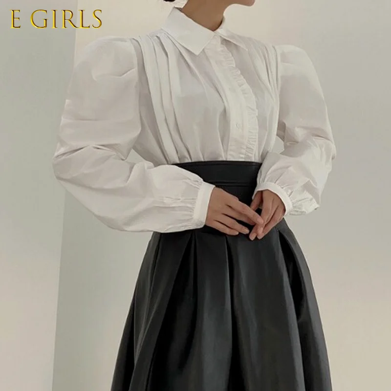 E GIRLS  Korean Chic Women 2pieces Sets Fashion Puff Sleeve Blouse Shirt + High Waist Causal A-line Pleated Skirt 2022 New