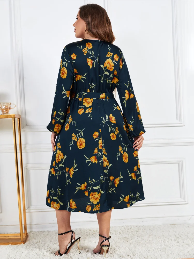 Printed loose temperament slim V-neck high waist long sleeve dress plus size women clothing party dresses