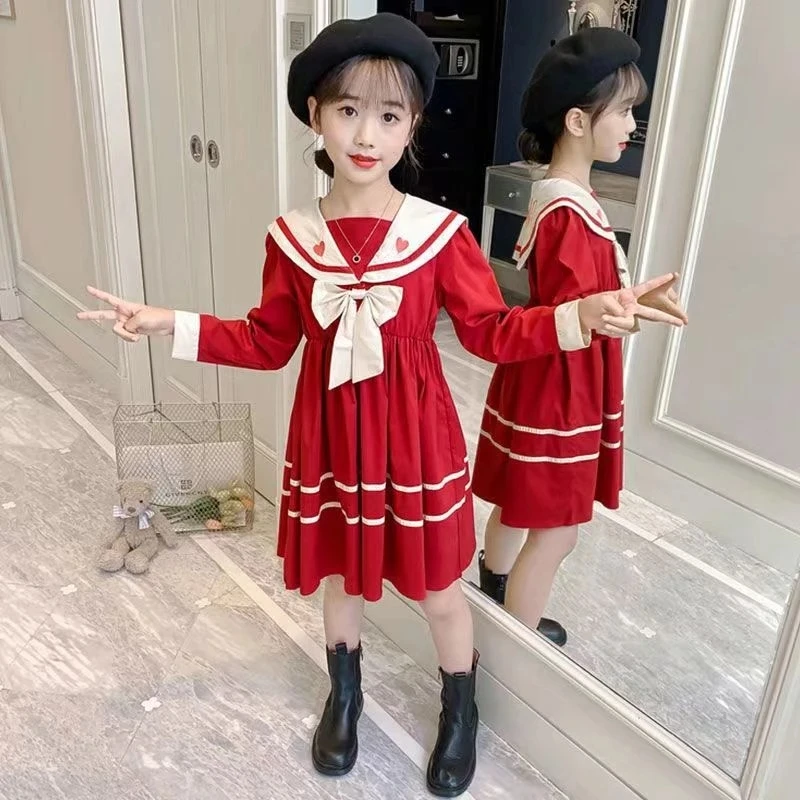

Girls Autumn 2022 Naval Wind Style Dress Children Clothes Sailor Collar Kids Long Sleeve Dresses for Girls 4 6 8 10 11 12 Years