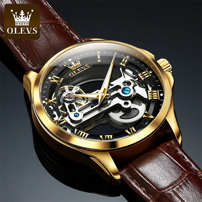 Мужские Водонепроницаемые механические часы-скелетоны с кожаным ремешком