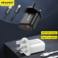 awei pd 20w fast charging phone charger adapter for iphone 13 usb a plug uk portable with 1 13m type c cable for iphone huawei