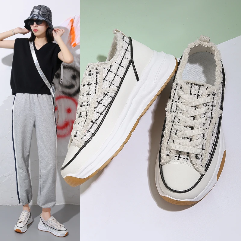 

High Quality Concise Women Sneakers Pink Tweed Lace Up Platform Shoes 2022 Spring Autumn Casual Leisure Sweet Girl Shoes