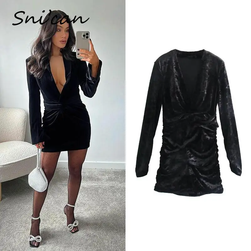 

Женское бархатное платье с оборками на талии, Черное короткое офисное платье с длинным рукавом и глубоким V-образным вырезом, модель 2022