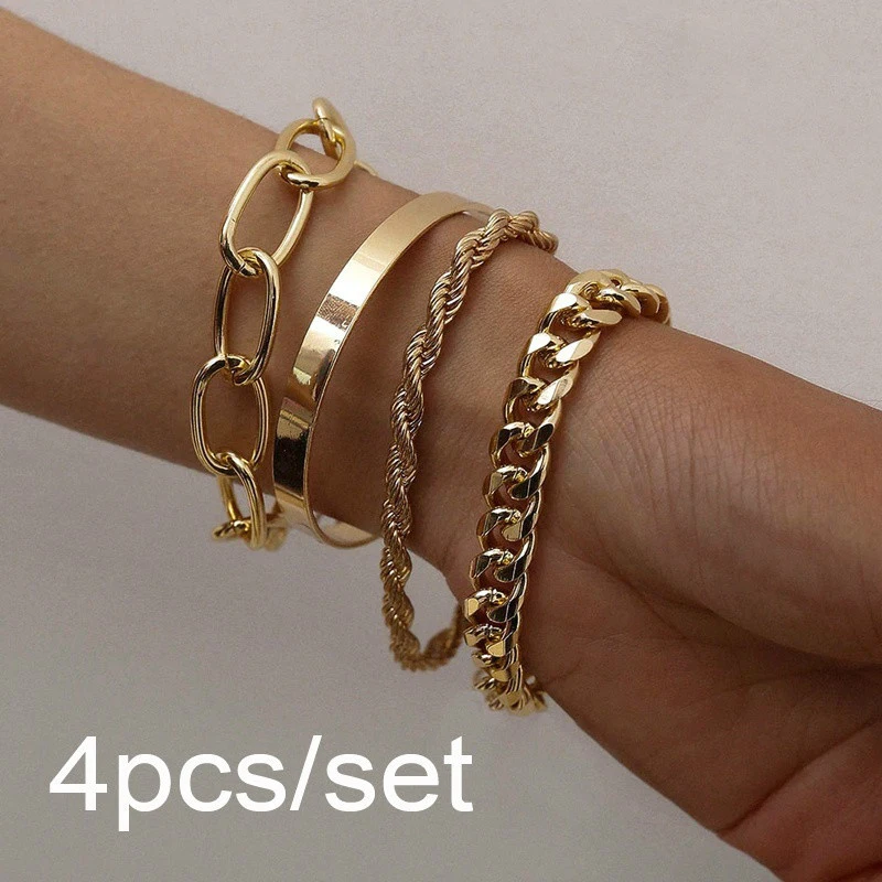 

4pcs Punk Curb Cuban Chain Bracelets Set for Women Miami Boho Thick Gold Color Charm Bracelets Bangles Fashion Jewelry