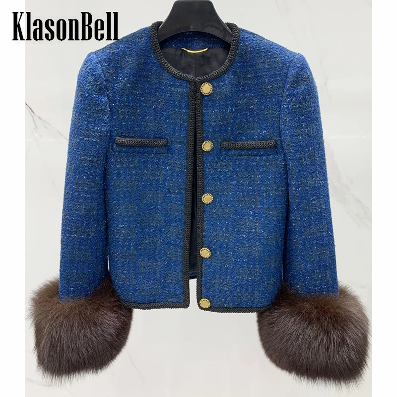 

7.11 KlasonBell Fashion Fox Fur Cuffs Single Breasted Tweed Jacket Women