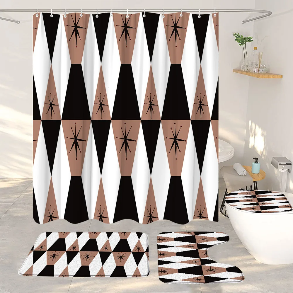 

Geometric Shower Curtain Set Black Brown Graphic Fabric Bathroom Decor Anti Slip Bath Mat Floor Rug Toilet Cover Multicolor