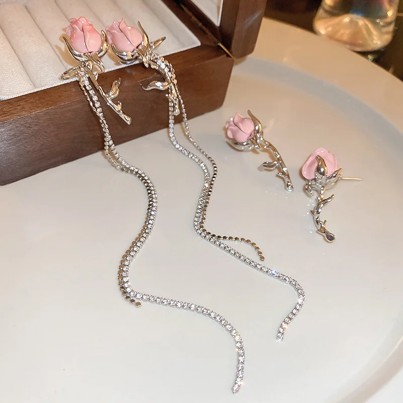 

Minar Romantic Pink Color Enamel Rose Flower Dangle Earrings for Women Ladies Long Chain Tassel Earring Party Wedding Jewelry
