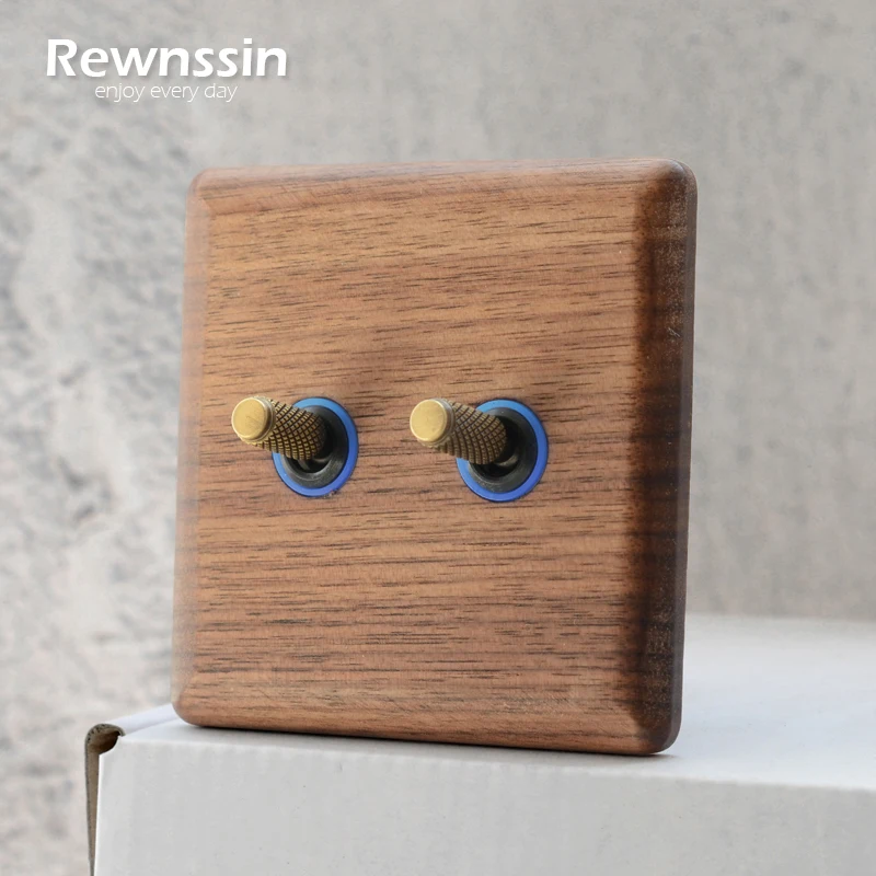 

Rewnssin Retro Style Toggle Switch Solid Brass Lever 1-4 Gang Double Control Light On Off Black Walnut Wood Wall Power Switches