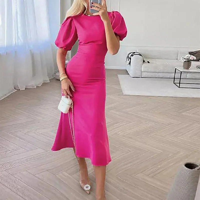 

Female Elegant Solid Puff Short Sleeve Slim Dress Sexy O Neck High Waist Prom Dresses 2023 Spring Women Evening Party Vestidos