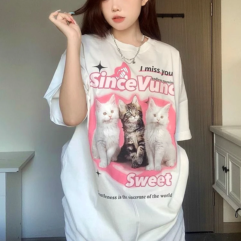 

American Retro Cartoon Cat Graphic T Shirts Lovely Lady Summer Cotton T-shirt Casual Loose Streetwear Korean Fashion Teenage Top