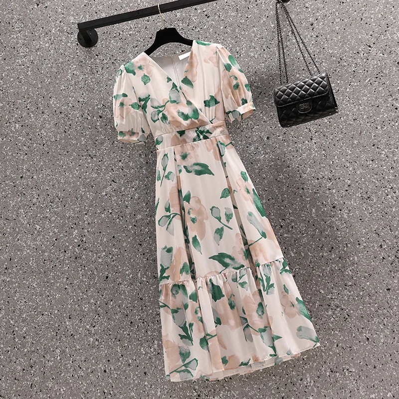 

Cheap Casual Long Floral Dress Women's Summer 2023 Boho Beach New French Vintage Style Short Sleeve Elegant Chic Chiffon Dress