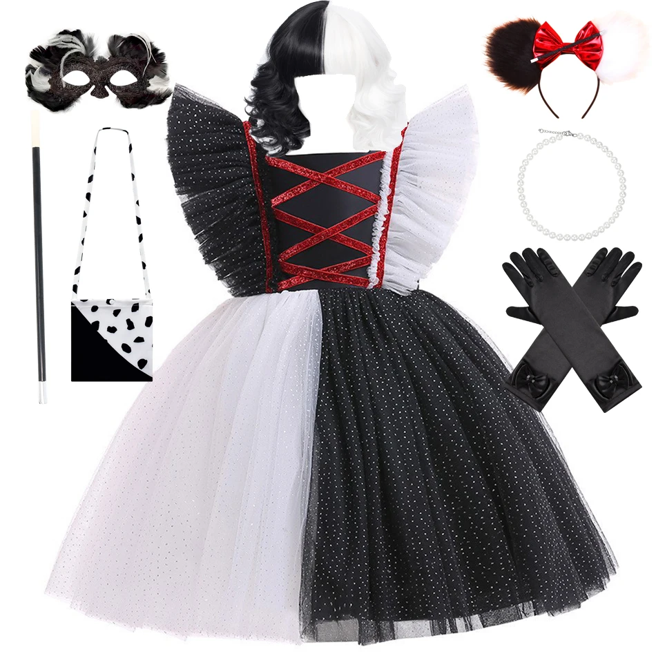 Детский костюм для косплея Cruella на Хэллоуин длинное черно-белое платье девочек