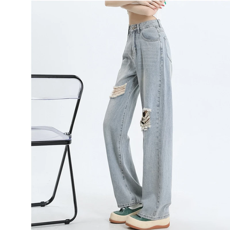 American Retro Ripped Straight Leg Jeans Women New Summer Women Clothing High Street High Waist Show Slim Loose Wide Leg Pants