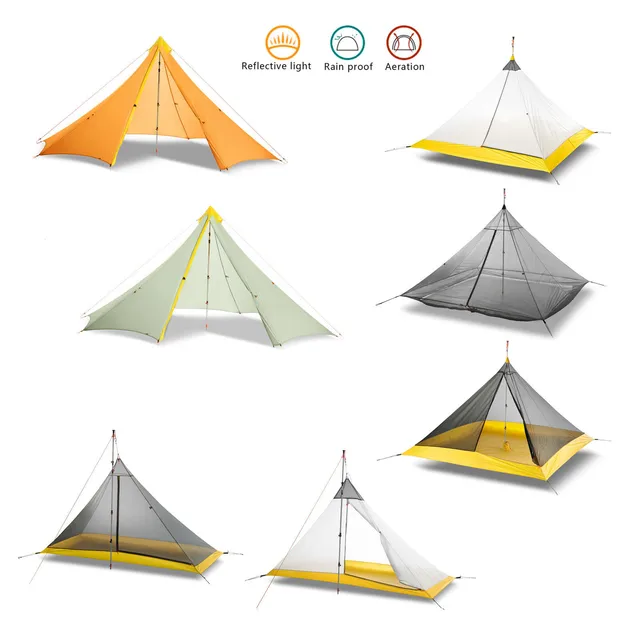 Ultralight 2-4 Person 3/4 Season Camping Tent /Inner Tent 20D Nylon Both Sides Silicone Coating Rodless Pyramid Outdoor Flysheet 2