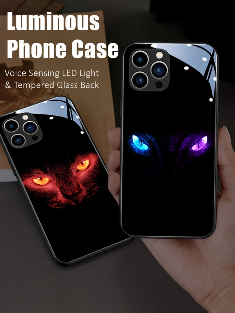

Cool Eyes Colorful LED Light Glow Luminous Tempered Glass Phone Case for OPPO Reno 4 5 6 7 8 9 Find X5 Realme X50 Pro Plus SE