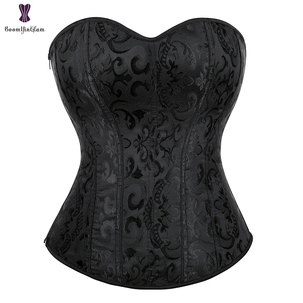 

Jacquard Overbust Corset Side Zipper Black Waist Bustier Top Body Shapewear Korset