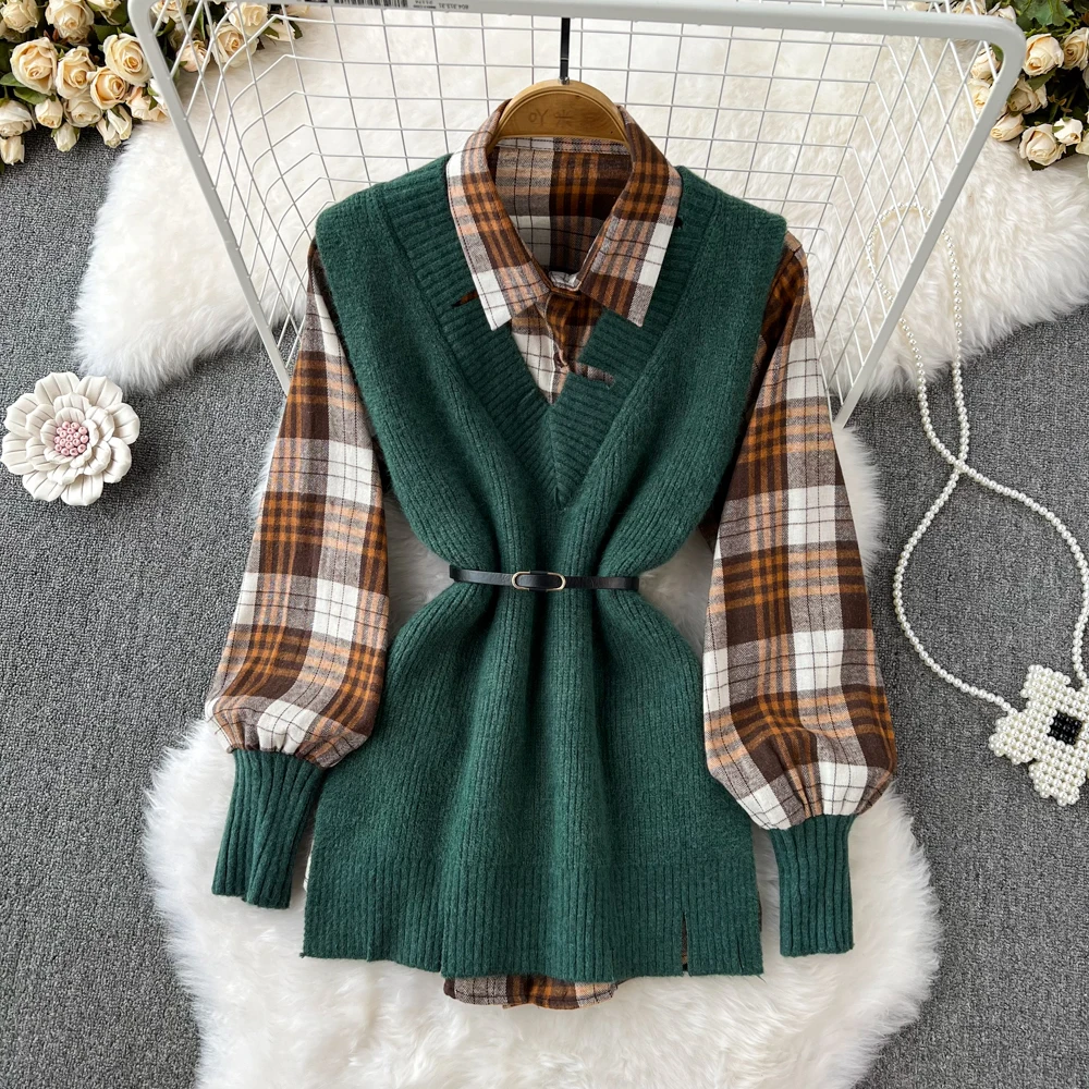 

Lapel Single Breasted Lantern Long Sleeve Plaid Shirt Women Autumn/winter V-neck Knit Vest Jacket Two Pieces