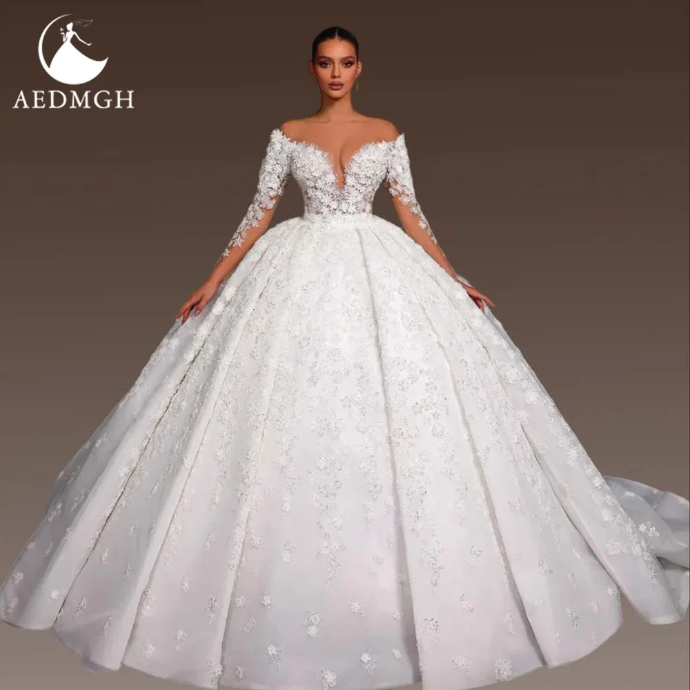 Фото Aedmgh бальное платье принцессы свадебные платья с открытыми плечами Vestido De Novia кружевная вышивка королевские свадебные платья на заказ №1