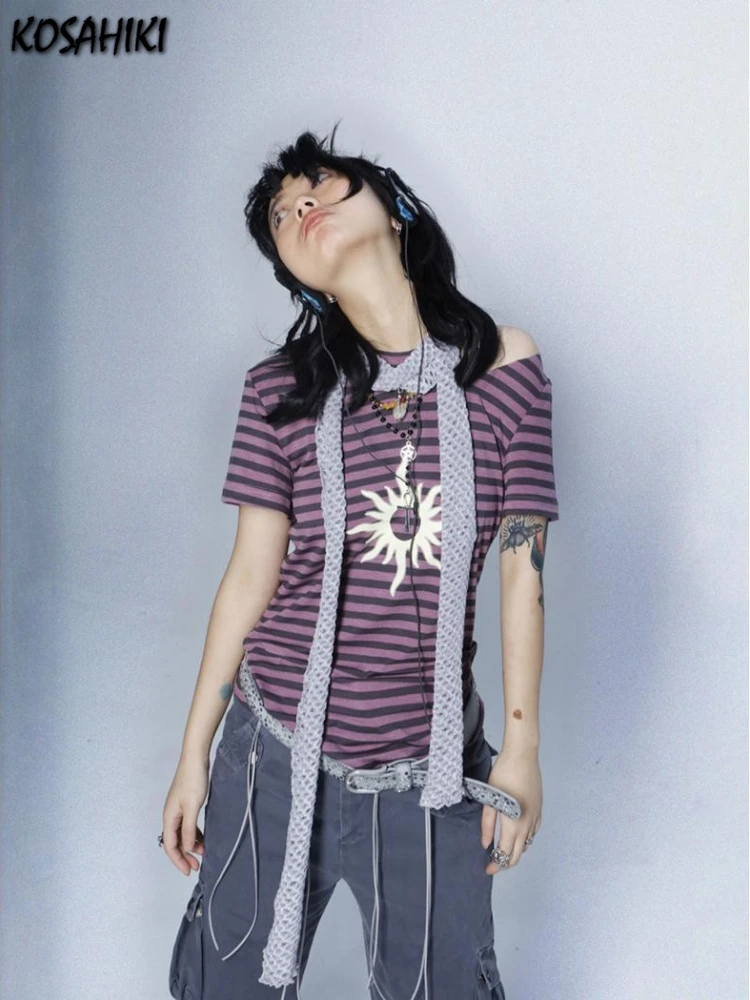 Женская футболка в полоску с коротким рукавом стиле Харадзюку |