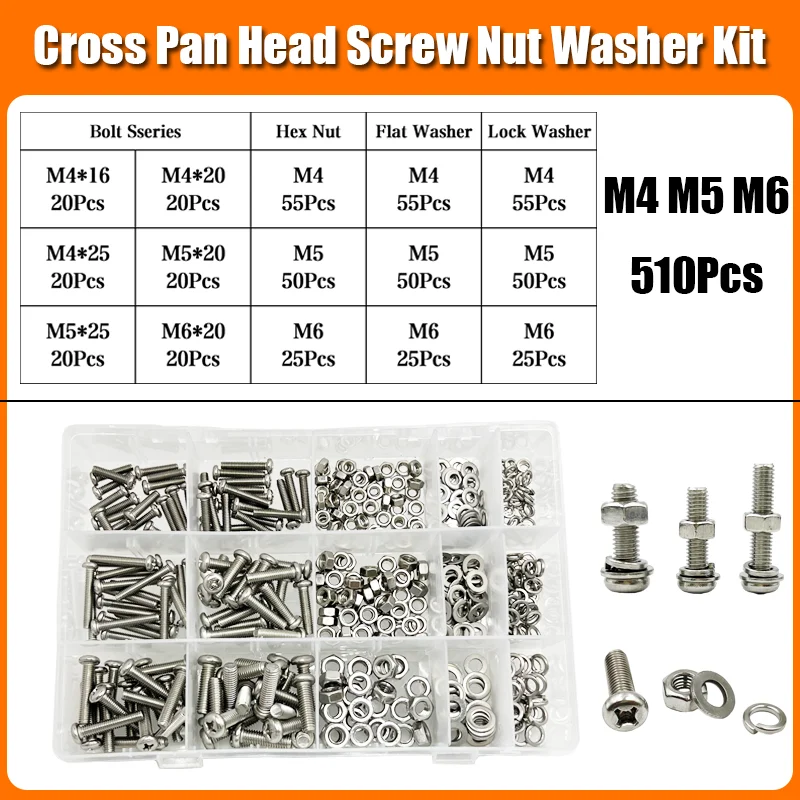 

Pan Cross Screw 510pcs M4 M5 M6 Stainless Steel Screw Cross Round Phillips Pan Button Round Head Screw Bolt Nut Washer Set Kit