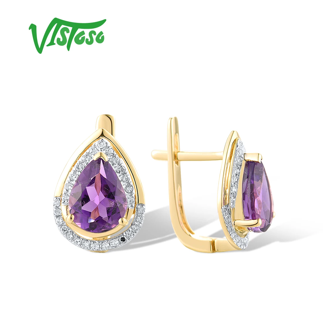 VISTOSO Prawdziwe kolczyki z 14-karatowego żółtego złota 585 dla kobiet Błyszczące diamenty Niebieski topaz Ametyst Ślub Fantastyczna piękna