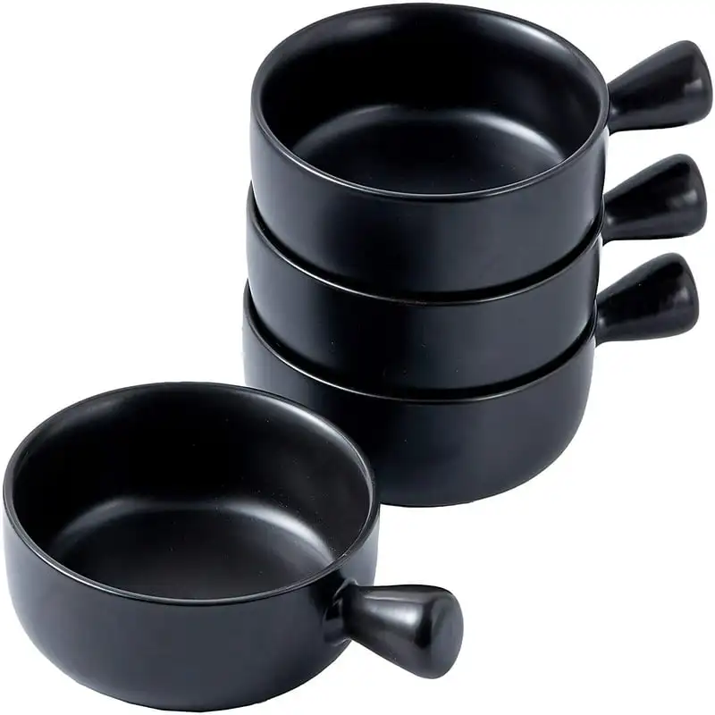 

Ounce Set Of 4 Ceramic Matte Glaze Bowl with Handle French Onion Soup Bowl Bakeware, Oven Safe, 6" Diameter, Black