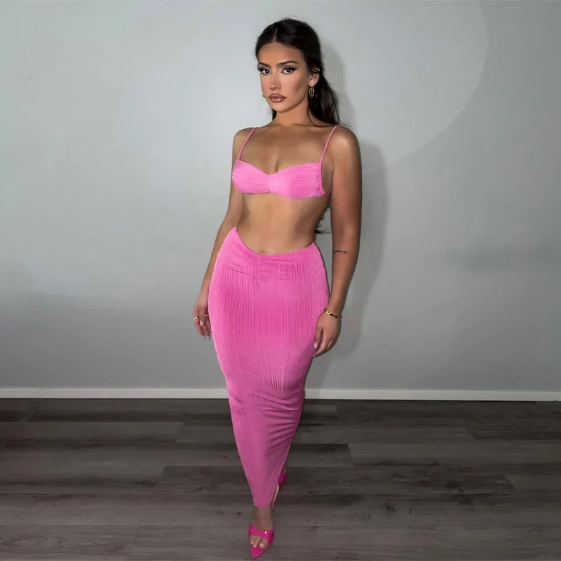 

2022 New Ribbed Solid Sleeveless Draped Bandage Long Camis Maxi Dress 2 Pieces Set Bikini Sexy Skinny Holiday Beach Outfit