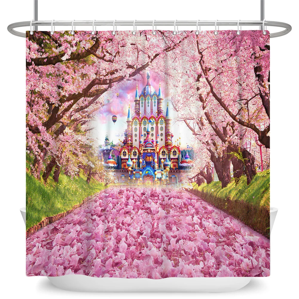 

Shower Curtains Dreamlike Blooming Tree Forest Pink Flower Landscape Mushroom Bath Curtains Bathroom Bathtub Decor Bath Curtain