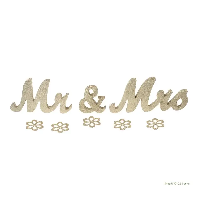 

QX2E Golden Glitter MR & MRS Letters Wooden Sign Wedding Party Sweetheart Table Decor