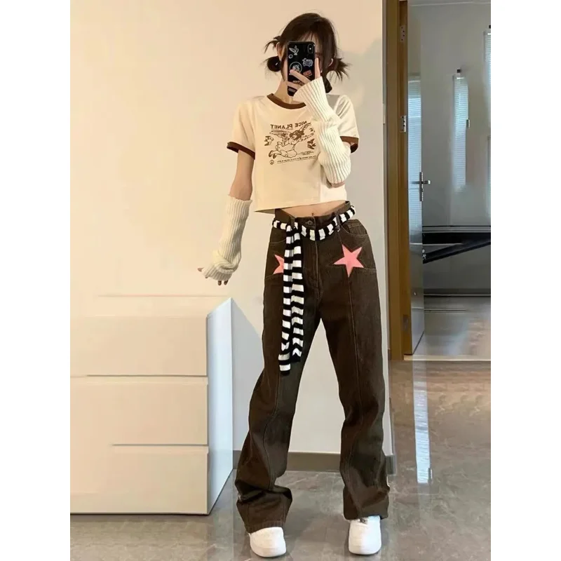 Retro Five Pointed Star Straight Women Jeans European and American Style Design Slim Fit Leg Length All Match Pants Casual Jeans