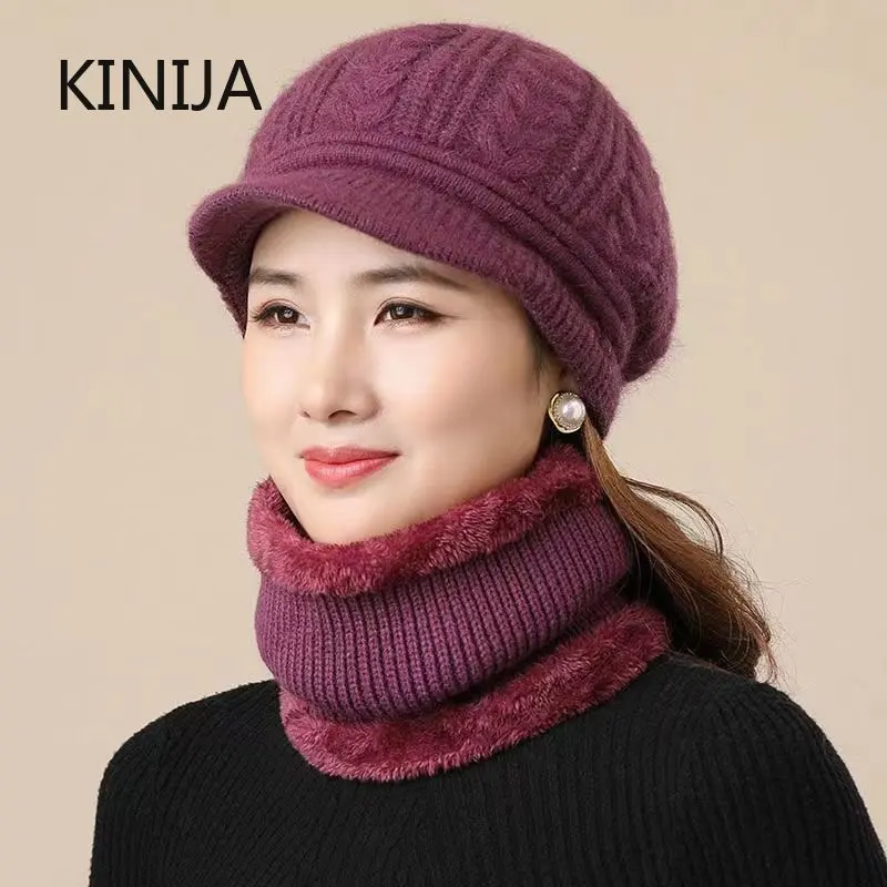 Female Knitting Beret Winter Warm Coldproof Old Women Hats Wool Cap Fashion Skullies & Beanies Hat Scarf Set 2022 New Winter Cap