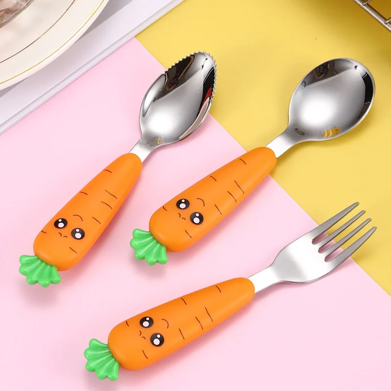 

Baby Tableware Fork Spoon Stainless Steel Cute Cartoon Radish Children Tableware Puree Spoon Complementary Food Tableware