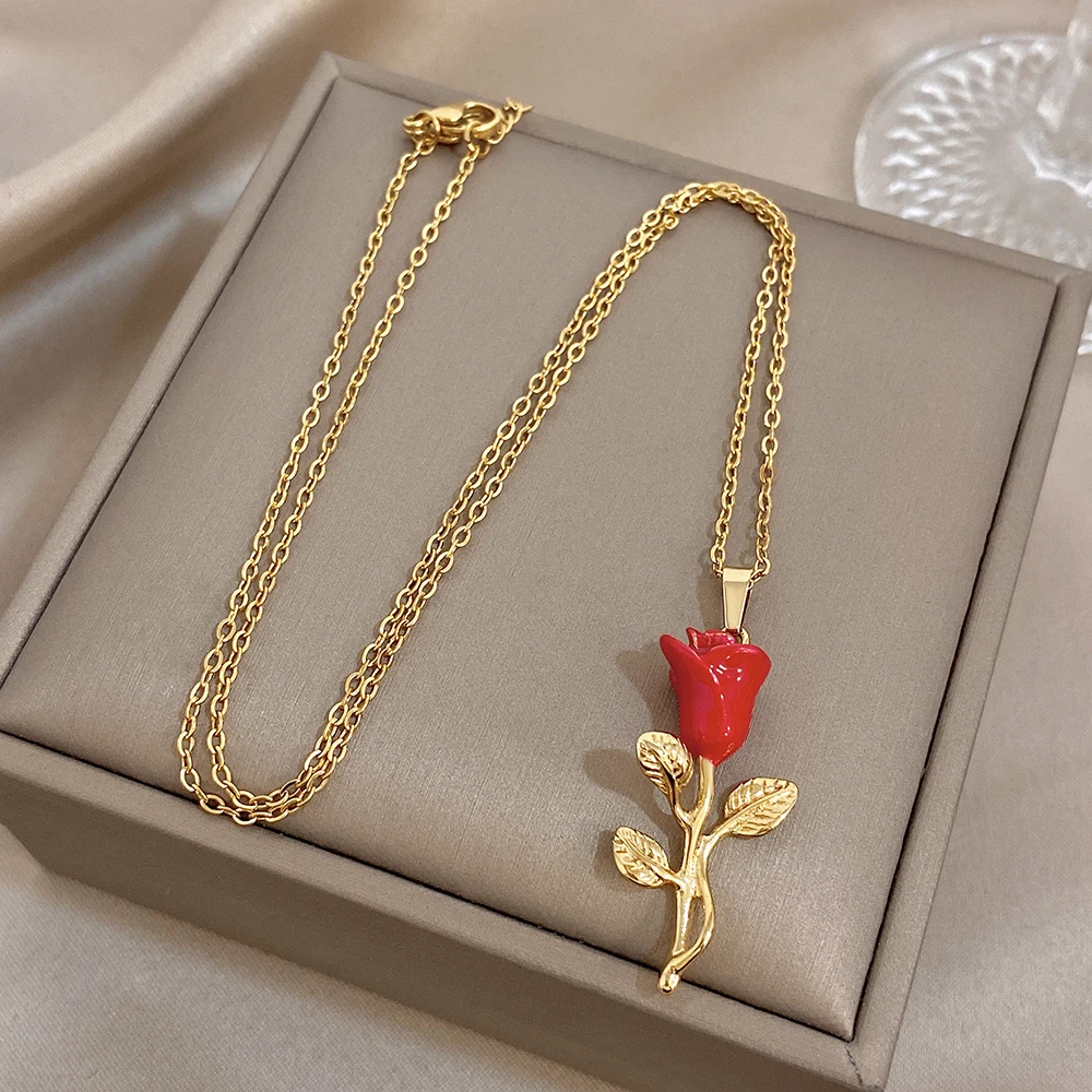 Фото Колье-подвеска Greatera Red Rose: Изысканное, не тускнеющее, из нержавеющей стали, для женщин, для вечеринок, в стиле Light Luxury Niche High-end №1